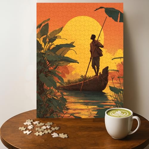 Sunset African Boatman Scenery Jigsaw Puzzle - 500 Pieces Wooden Puzzle for Adults, Wall Art Gift, Finished Size: 20 x 15 Inch