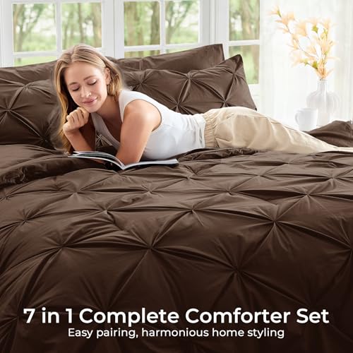 Image of Sasttie Twin Comforter Set, 5-Piece Bed in a Bag, Pintuck Bedding Sets for All Season, Includes Comforter, Flat Sheet, Fitted Sheet, Pillowcase and Pillowsham, Dark Brown