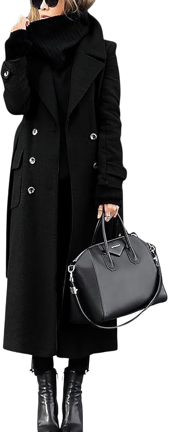 Womens Long Pea Coat Double Breasted Lapel Wool Blend Coat Casual Winter Overcoat
