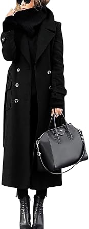 Womens Long Pea Coat Double Breasted Lapel Wool Blend Coat Casual Winter Overcoat
