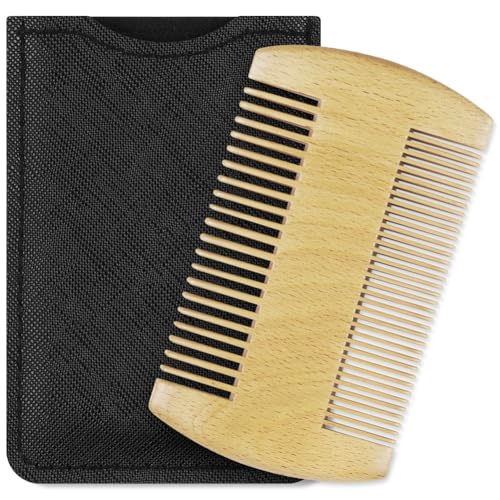 Alaoo 1 pcs Ensemble Barbe et Peigne en Bois pour Homme, Peigne à Barbe pour Voyage Étui en Cuir Inclus, Kit d'accessoires pour Barbe pour Un Coiffage sans...