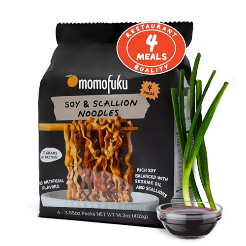 Momofuku Soy and Scallion Ramen Noodles by David Chang, 4 Pack of Restaurant Quality Air-Dried Instant Noodles Now with More Sauce & 10g of Protein