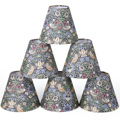 VIHOSE Set of 6 William Morris Style Chandelier Shades for Candelabra Bulb 2.95x5.91x5.12 Mini Lamp Shade Vintage Botanical Lampshade Covers for Candelabra Bulb(Strawberry Thief 1)