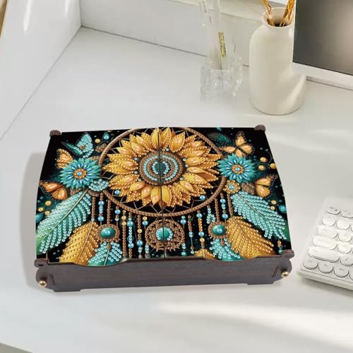Image of MVVMTOP Diamond Painting Kit Wooden Storage Box, Dream Catcher DIY Special Shaped Diamond Flip Cover Wooden Money Box, Handmade Art Desktop Decorations Birthday Gifts for Friends