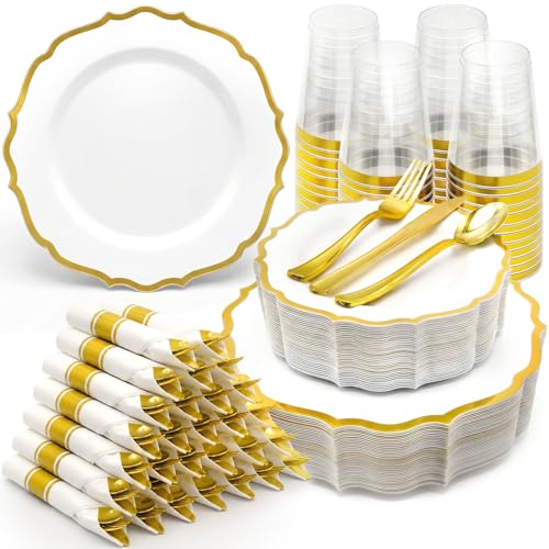 Glowserve 50 Guests 350 PCS Disposable Plastic Plates Gold Dinnerware Sets