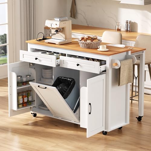 Huayz Isla de cocina con ruedas, extensible para comedor, isla de cocina con compartimento para basura, móvil independiente con regletas, con cajón, estante para especias de 3 puertas, para comedor