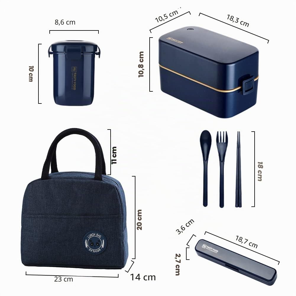 2 Tier boîtes Bento avec sac à lunch & Couverts, avec compartiments réglables pour adultes et enfants, portable étanche pour le travail et l’école