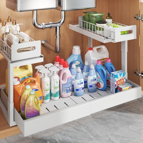 Image of 1 Pack-16 inch-26 inchW Expandable Under Sink Organizer With Upgrade Ball-Bearing Slide,2-Tier Pull Out Under Cabinet Organizer Height Adjustable,Not Suitable For Cabinets With Partitions In The Middle