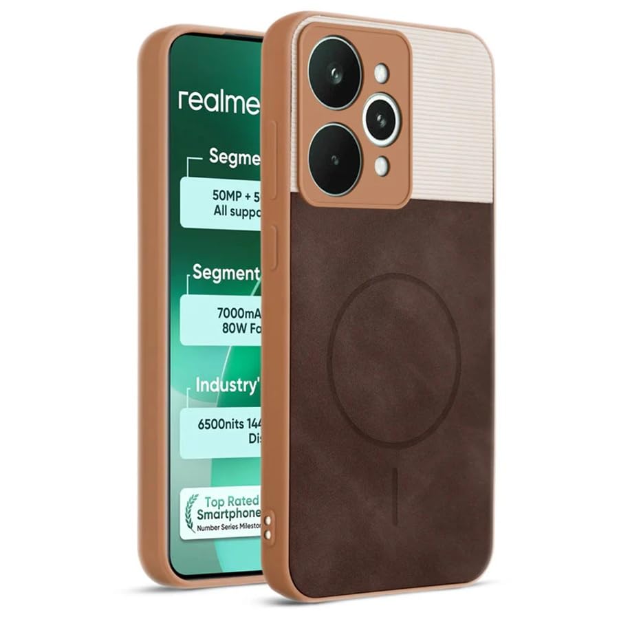 Image of Bintage case Dual-Leather Macc-Safe Design Phone Case| Soft Touch Finish | Full Camera Protectection Back Cover Compatible for Realme RMX5106 /Realme 15 5G - White & Choco Brown