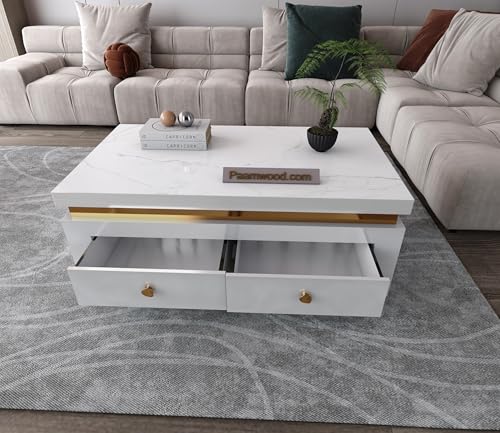 Image of Premium Marble-Top Wooden Center Table for Living Room | Coffee Table | Contemporary Design Craftsmanship (White with Drawer -42x24x17 Inch)
