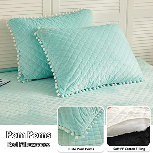 Image of LIFEREVO Luxury Plush Shaggy Duvet Cover Set (1 Faux Fur Duvet Cover + 1 Pompoms Fringe Pillow Sham) Solid, Zipper Closure (Twin, Mint)