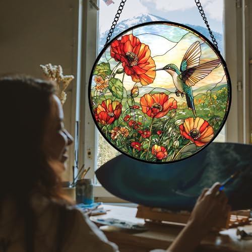 Image of DASTOLL Stained Glass Window Hanging, Hummingbirds Orange Flowers Suncatcher Diamond Glass Panel Hangings Sun Catchers Decor for Birthday for Women, Men, Wife, Aunt, and Mom 14.9 in