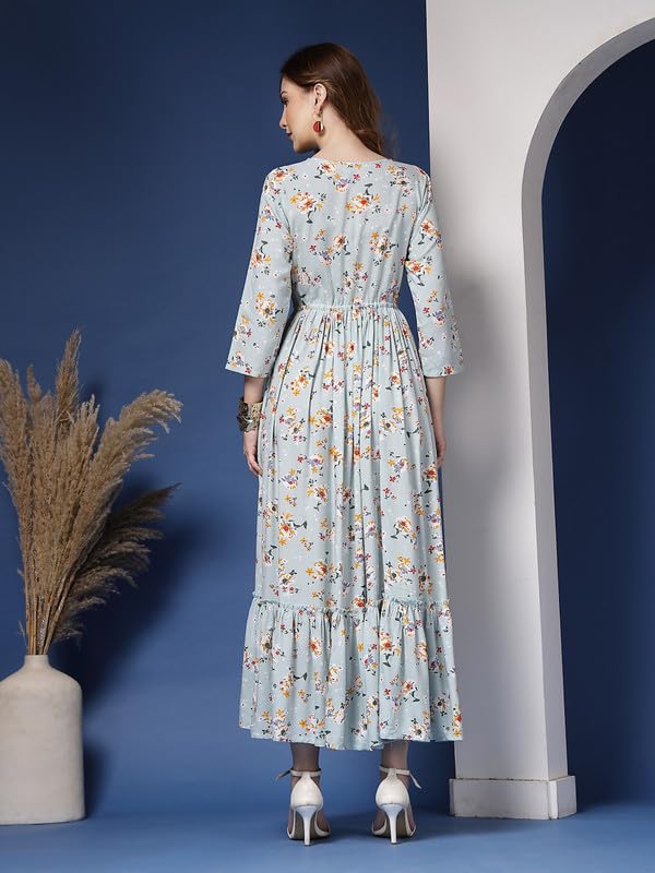 Image of Daevish Women's New Rayon Printed Tie-up Waist V Neck Flared Maxi Dress | Women Flared Dress