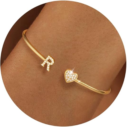 WFYOU Gold Initial Bracelets for Women Non Tarnish Dainty 14k Gold Plated Heart Initial Bracelet Letter A-Z Personalized Adjustable Bangle Bracelets Name Cuff Bracelet Birthday Gifts for Women Jewelry
