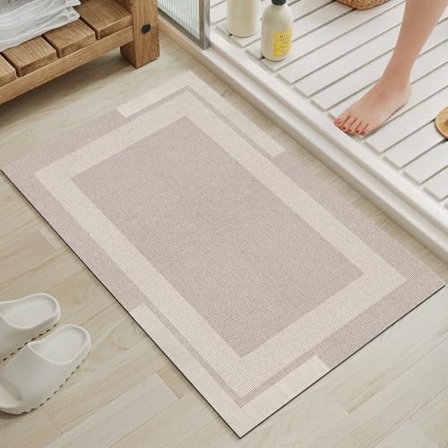 YDKGL Non Slip Thin Bath Mat Bathroom Rugs, Rubber Backing Ultra Thin Bathroom Rug Fit Under Door, Quick Dry Super Absorbent Washable Shower Bath Mats for Bathtub Side Floor, Easy Care Beige 16