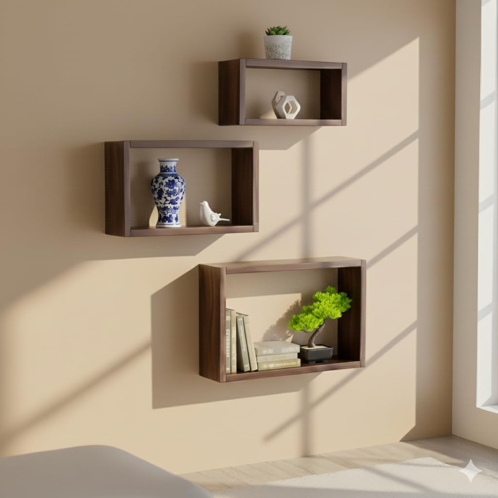 Set of 3 Floating Cube Shelves, Quality Wood Shelving, Bathroom Storage Brown-picture-13