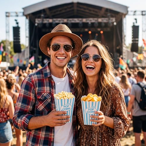 Image of Xinnun 100 Pcs Popcorn Boxes 32 oz Classic Stripe Paper Popcorn Buckets Bulk Disposable Oil Proof Container Vintage Retro Open Top Holders for Movie Night Supply Theater Carnival Party(Blue)