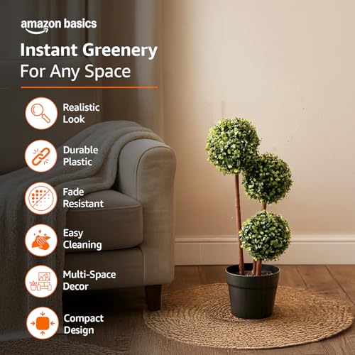 Image of amazon basics Artificial 3 Stem Topiary in Black Plastic Pot | Realistic 55 cm Faux Greenery | Durable Plastic | Stylish & Compact | Zero Maintenance | Indoor, Outdoor, Home & Office Decor