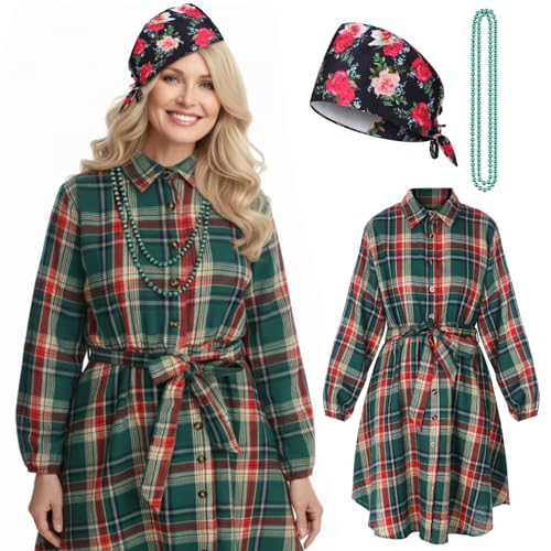 Mepase 3 Pcs Christmas Holiday Costume for Women Vintage Long Sleeve Dress Floral Cap Pearl Necklace Xmas Party Outfit (XL)