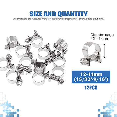 Glarks 12Pack 12-14mm Stainless Steel Mini Fuel Injection Hose Clamps Adjustable Pipe Hose Clip Tube Clamps Set (15/32''-9/16'' Dia) - Image 2