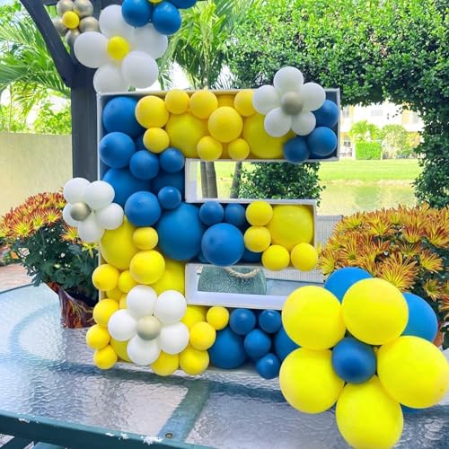 Image of Blue Yellow Balloons, 12Inch Dark Light Blue Yellow and White Latex Balloon with Confetti Helium Balloon for Boy Birthday Nautical Baby Shower Graduation Sports Ocean Sky Cartoon Theme Party Decor