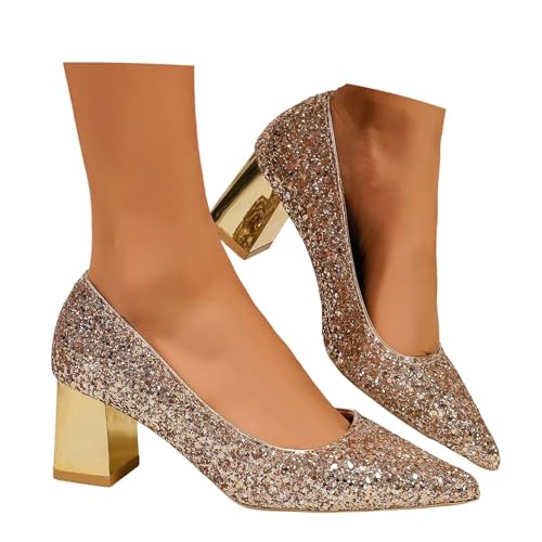 HTNEDNST Zapatos con purpurina para mujer con tacón cerrado, zapatos de novia festivos, tacones, tacón cuadrado, zapatos de baile, elegantes, zapatos de boda, cómodos zapatos de baile de salón, A11