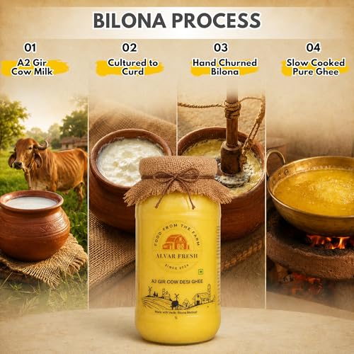 Image of Alvar Fresh A2 Gir Cow Desi Ghee 1 Litre | Traditional Vedic Bilona Method | Pure Cultured Ghee from Gir Cow Milk | Natural Aroma & Rich Taste | Premium Glass Jar Packaging