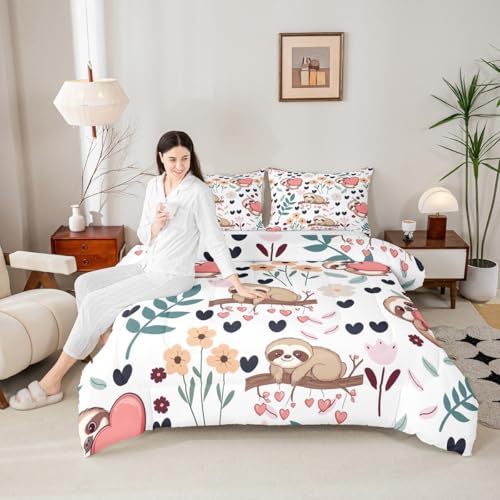 Image of Feelyou Sloth Comforter Set Queen Size, Sloth and Flowers Bedding Set for Kids Toddler Botanical Plant Bedding Set Kawaii Animal Duvet Set Durable Quilt Set
