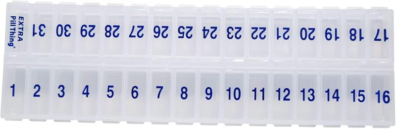 Organizador mensual de pastillas una vez al día – Compartimentos grandes con tapa extraíble para facilitar la carga – Capacidad para 31 días de medicamentos más compartimento adicional – Sin BPA