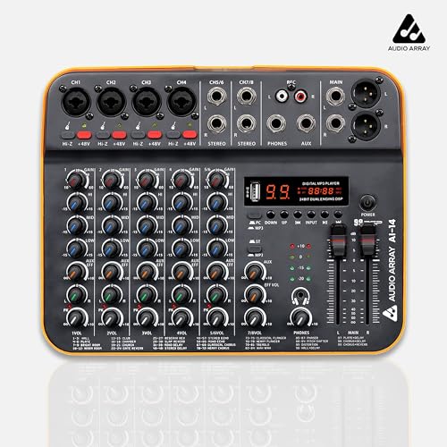 Image of Audio Array 8-Channel Hybrid USB Audio Mixer with 8 Analog + 2 Digital Inputs, 48kHz /16-Bit Processing, +50dB Gain, Combo XLR, Phantom Power, Hi-Z, 3-Band EQ, 99 DSP FX, Balanced XLR Output | AI-14