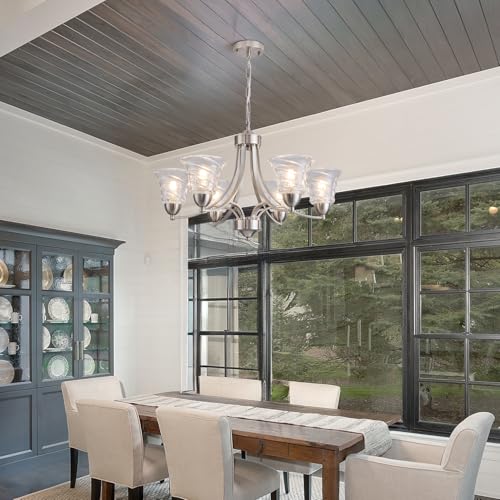 Image of Modern Brushed Nickel Farmhouse Chandelier 6 Light Silver Chandeliers for Dining Room Adjustable Height Hanging Light Fixture with Clear Glass Shade,Pendant Light Fixture for Living Room Hallway Foyer