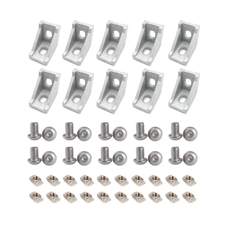 Aluminiowe złącze profilowe, 10 szt. 2080 wspornik narożny + 20 szt. 20 serii M5 nakrętki T-slot + 20 M5x8mm nasadka nasadki sześciokątnej (2028 srebrny-50)