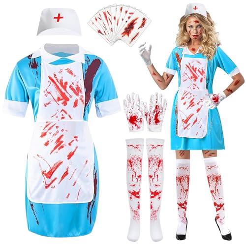 Randomgo Disfraz de Enfermera de Zombi, Disfraz Enfermera Mujer, Traje de Médico Sangriento de Halloween, para Halloween Carnaval Cosplay de Fiesta (L)