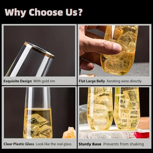 Jodoniz 24 Pack Plastic Champagne Flutes Disposable 9 Oz Stemless Clear Plastic Champagne Glasses Plastic Mimosa Glasses with Gold Rim Heavy Duty Unbreakable for Party Wedding Birthday by Jodoniz - Image 5