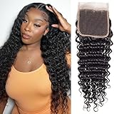 Deep Wave Lace Closure Human Hair 4x4 150% Density Unprocessed Brazilian Human Hair HD Lace Closure Pre Plucked for Black Women Natural Color 14 Inch