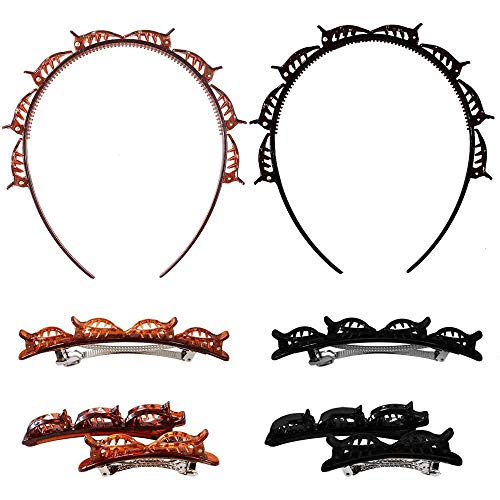 ATROPOS 8 Pieces Double Layer Twist Plait Headband Hair,Hollow Woven Headband,Double Bangs Hairstyle Hairpin DIY Hair Styling Barrettes(Black+Brown)