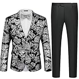 WULFUL Men's 2 Piece Slim Fit Suit Set One Button Blazer Jacket Pants Tuxedo Set for Prom, Wedding and Business Silver,X-Large
