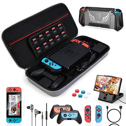HEYSTOP Funda para Nintendo Switch, 16 in 1 Accesorios Nintendo Switch con Carcasa de TPU+Joy-Con Mandos+Protector de Pantalla+Soporte regulable+Cable USB+Auriculares+Funda Comfort Grip+6 Pulgar Grips