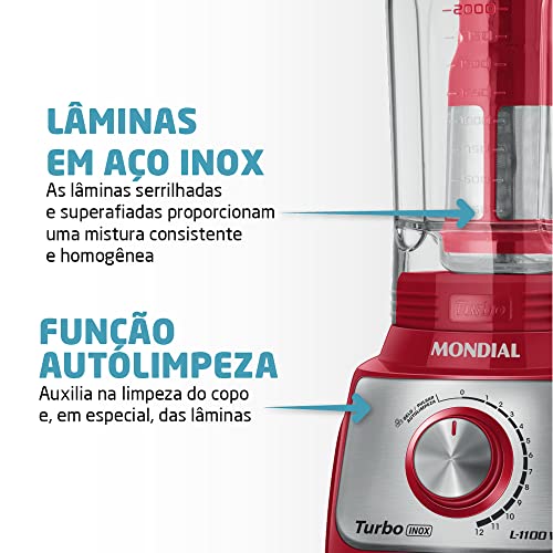 Liquidificador Turbo, Mondial, Vermelho/Inox, 1100W, 110V - L-1100 RI