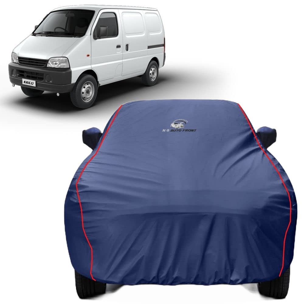 NG Auto Front Car Body Cover Compatible with Maruti Suzuki Eeco (All Models Years) Custom Fit Dustproof UV Heat Resistant Indoor Outdoor Body Protection / Triple Stitch, 2 Buckle with Strong Strap(Navy Blue & Red Piping, Maruti Suzuki Eeco)