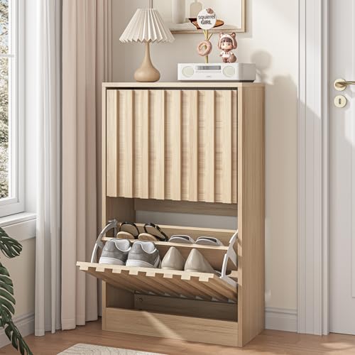 UEV Slim Wooden Shoe Storage Cabinet with 2 Flip Drawers Modern Narrow Shoe Storage Unit with Ventilated Design Space-Saving Entryway Shoe Rack in Natural Finish Natural Wood