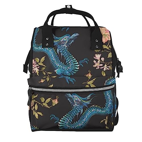 Sac à langer motifs dragons et roses aux finitions soignées et design unique