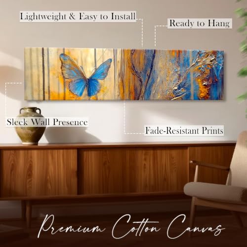 Image of Large Stretched Canvas Painting, Panel Wall Painting Abstract Blue Butterfly Luxury Paintings for Home Decoration, Living room, Bedroom and Office Decor (Blue, 12x46 Inch)