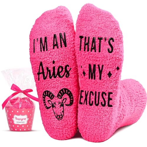 HAPPYPOP Aries Gifts for Women - Astrology Constellation Horoscope Gifts, Funny Space Galaxy Aries Socks Pink
