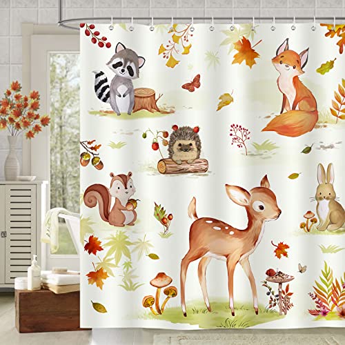 Bonhause Fall Woodland Shower Curtain, Deer Fox Raccoon Autumn Animal Bathroom Curtain 72 x 72 Inch Polyester Fabric Waterproof Bath Curtain with 12 Hooks