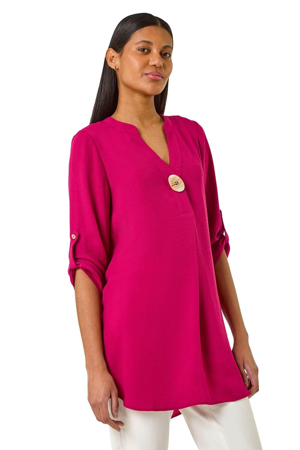 Roman Originals Women's Cerise Shirt For Uk Longline Top Collarless Blouse Smart Tunic Casual Evening Relaxed Fit 3/4 Length Sleeve Notch V Neck Long - Size 10