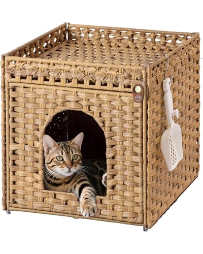 Klippehop Lettiera per gatti, in rattan sintetico intrecciato a mano, con tappetino e ganci a S, lettiera nascosta, mobili in vimini per soggiorno, camera da letto, balcone, 47 x 52 x 48,5 cm
