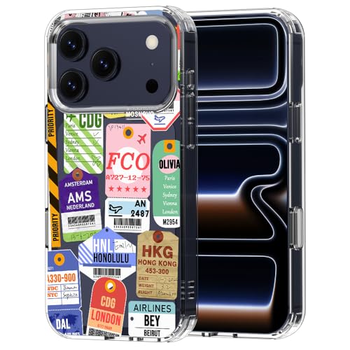 Coque iPhone 17 Pro transparente voyage design étiquettes pour globe-trotteurs