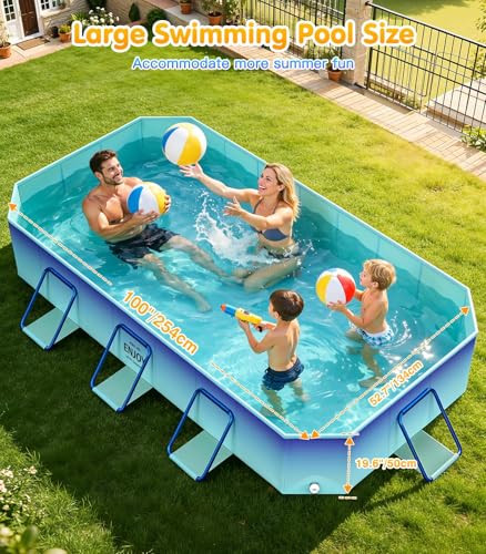 Image of MoKo Large Family Foldable Pool for Adults & Kids, 114 inch Non-Inflatable Framed Swimming Pool, Sturdy Outdoor Kiddie Pool with Anti-Slip Bottom, Collapsible Pet Dog Pool for Backyard Garden Camping