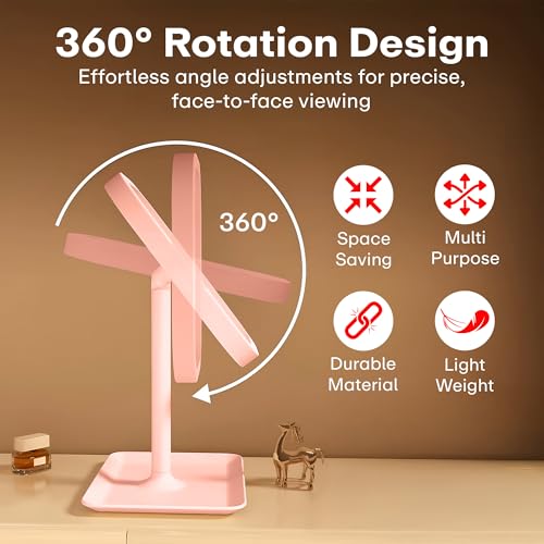 Image of Prime Pick Beauty Pro Makeup Mirror 360 Degree Rotating Plastic Vanity Mirror Non LED Lightweight Durable Tabletop Square Mirror for Home Travel Multipurpose Use Pink Pack of 1